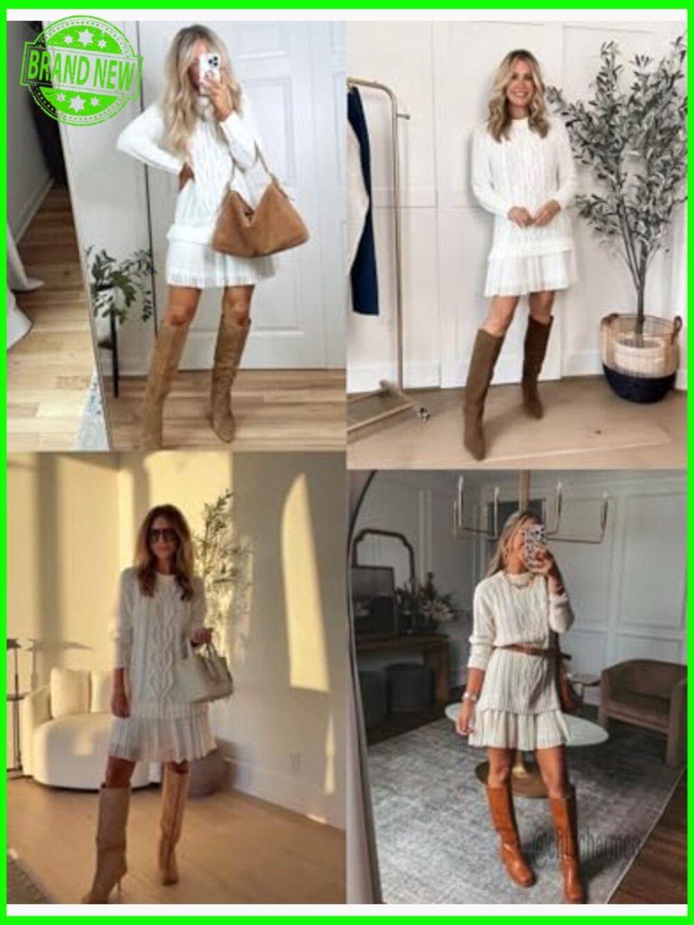 Women Cable Knit Sweater Dress Crewneck Long Sleeve Pleated Mini Twofer Style - Picture 4 of 7